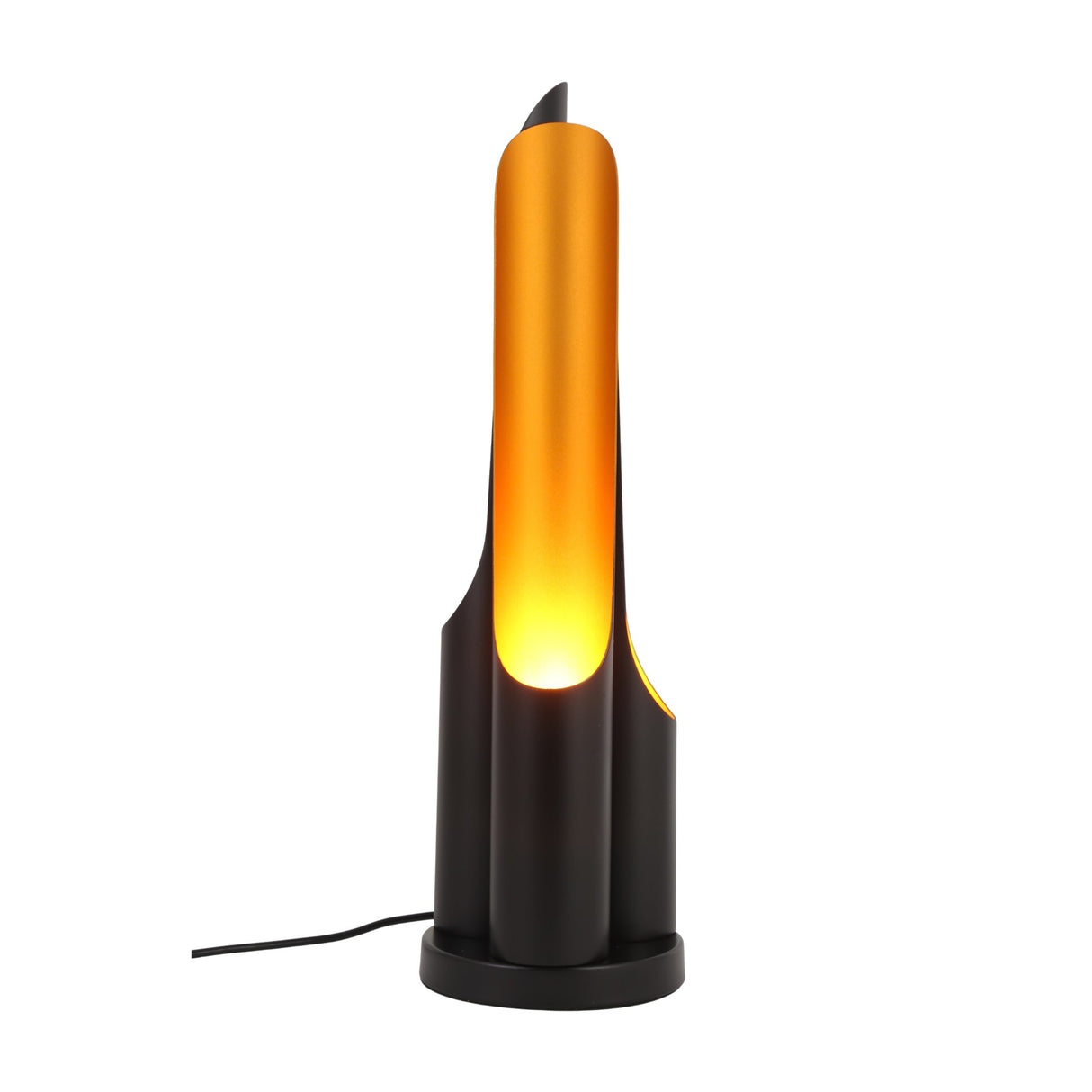 The Stealth Table Lamp - Brass & Black features a sleek black base and a tall brass diffuser for a warm glow, finished with a minimalist black cord for effortless style.
