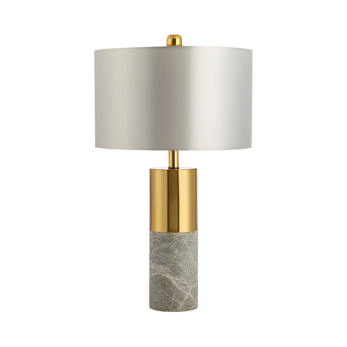 The Valmora 1 Light Monolith Marble Table Lamp in Grey & Brass features a cylindrical marble base, gold metal accents, and a large white drum shade for a sleek, contemporary touch to any stylish space.