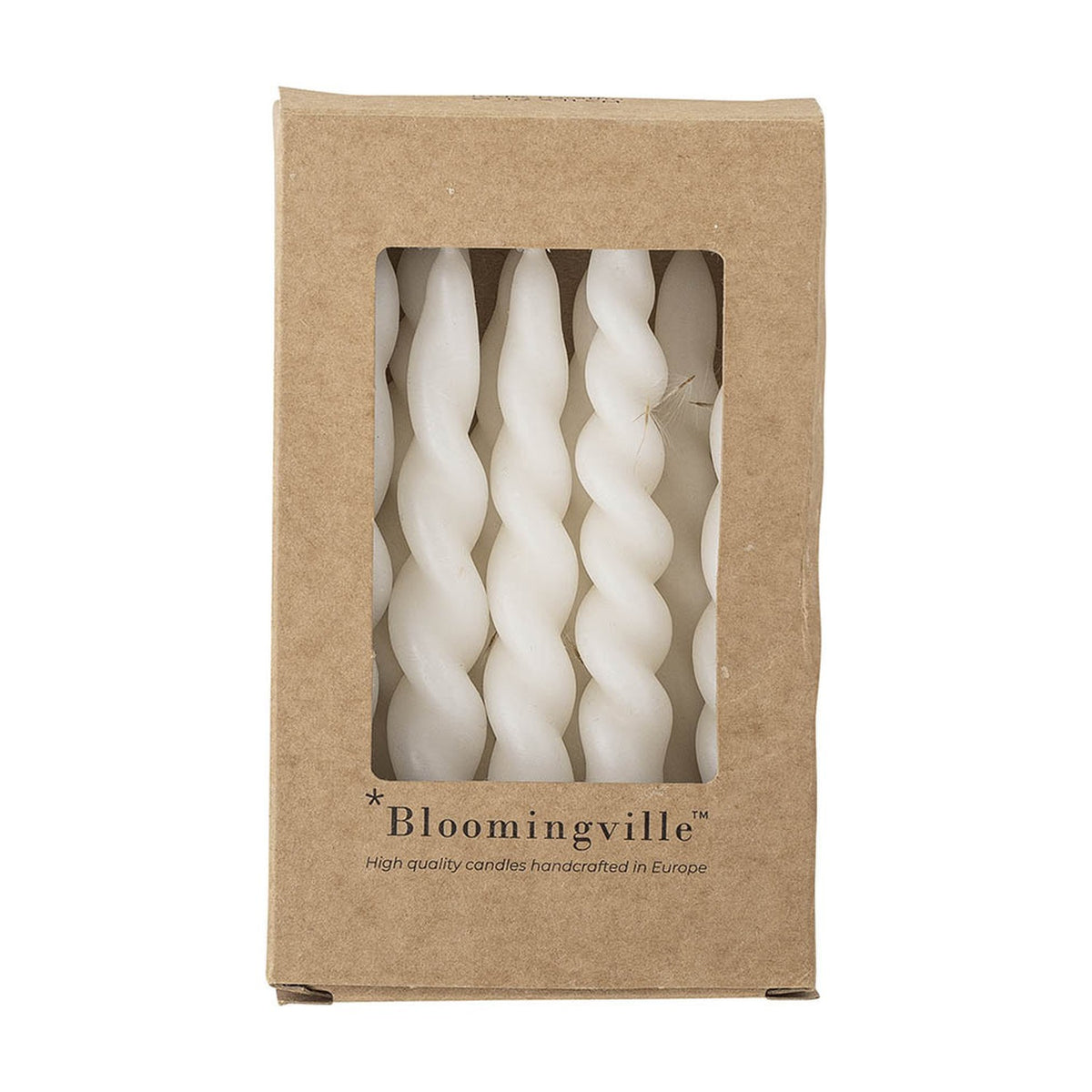 Kraft box with window showing Twist Candles Pack of 12 in White, slim spiral paraffin candles visible inside, Bloomingville branding printed below.