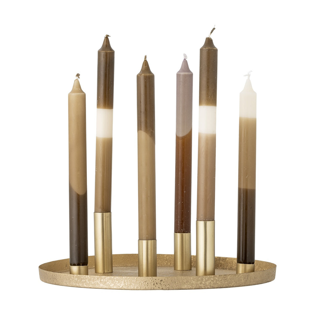 Maxime Iron Christmas Candle Holders Set of 7 in gold, a round textured tray with six brass-toned tube holders fitted with tall taper candles in brown and cream tones, on a plain white background.