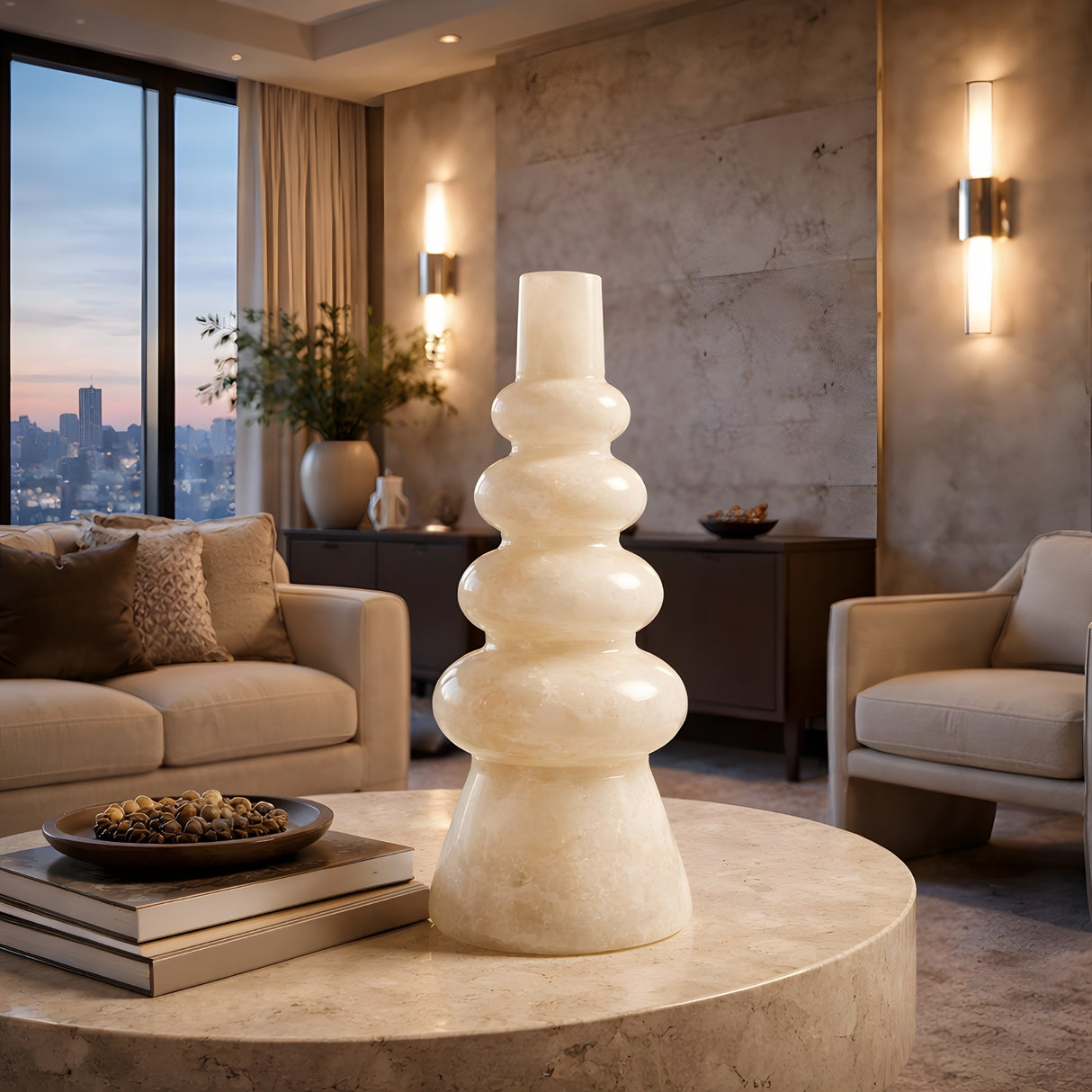 A modern living room with soft lighting features a round marble coffee table, decorative books, a potpourri bowl, and the Virelle LED Totem Alabaster Table Lamp in Soft White. Large windows reveal a city skyline at dusk.