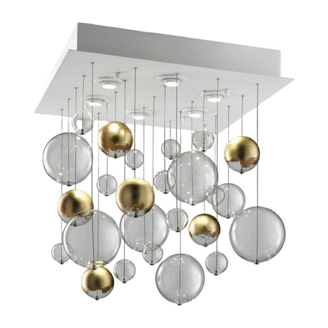 Bolero 6 Light Square Drop Bubble Chandelier with clear and gold glass globes in varying sizes suspended from a white square ceiling plate, shown on a plain white background.