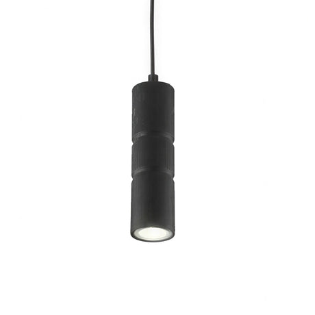 Turbo Cylinder Pendant Light 40cm, a slim black metal tube-shaped fitting with ridged detailing and a single GU10 downlight, shown on a plain white background.