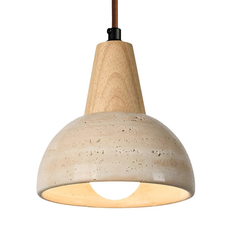 The Corvanto 1 Light Dome Travertine Single Pendant Light in light brown and light beige features a wooden top, dome-shaped stone shade, brown cord, and partially visible bulb underneath.