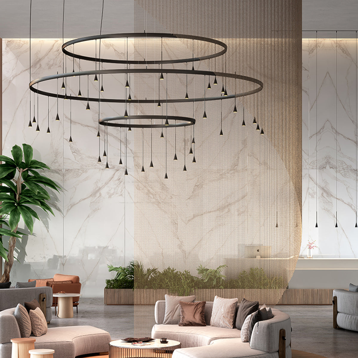 Skybell Circle Iron Ring LED Pendant Light in Ebony Black, three tiered rings with cone-shaped LED heads on slim stems, shown above a living room seating area.