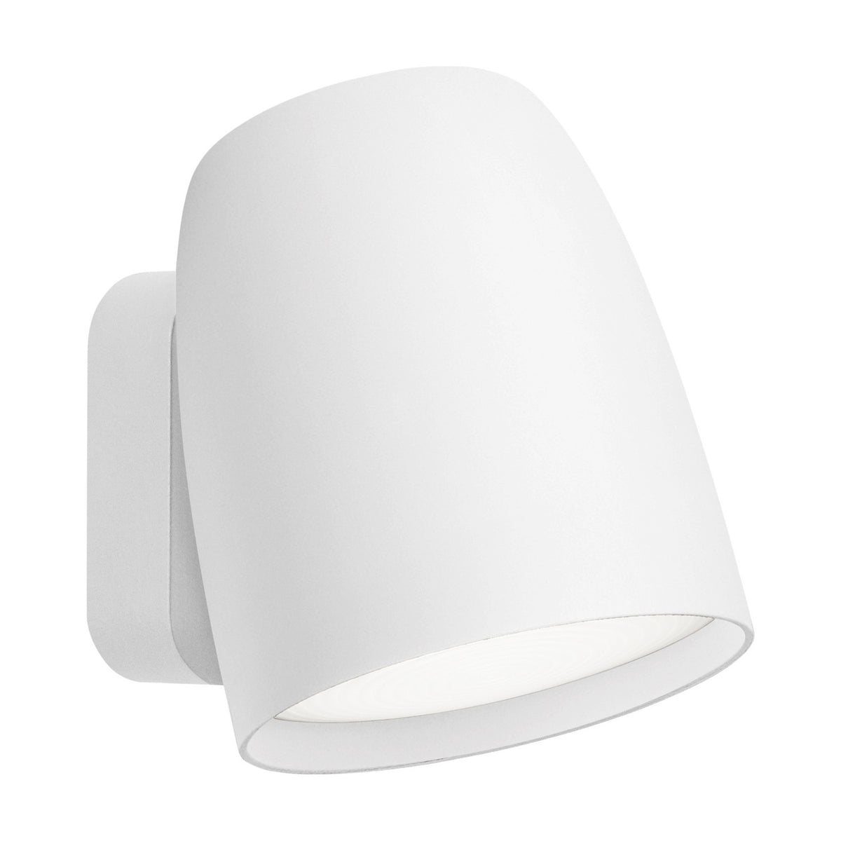 Nut A/01 outdoor wall light with a rounded, bell-shaped white head on a slim rectangular wall plate, integrated LED and open-ended downward light aperture, shown on a plain white background.