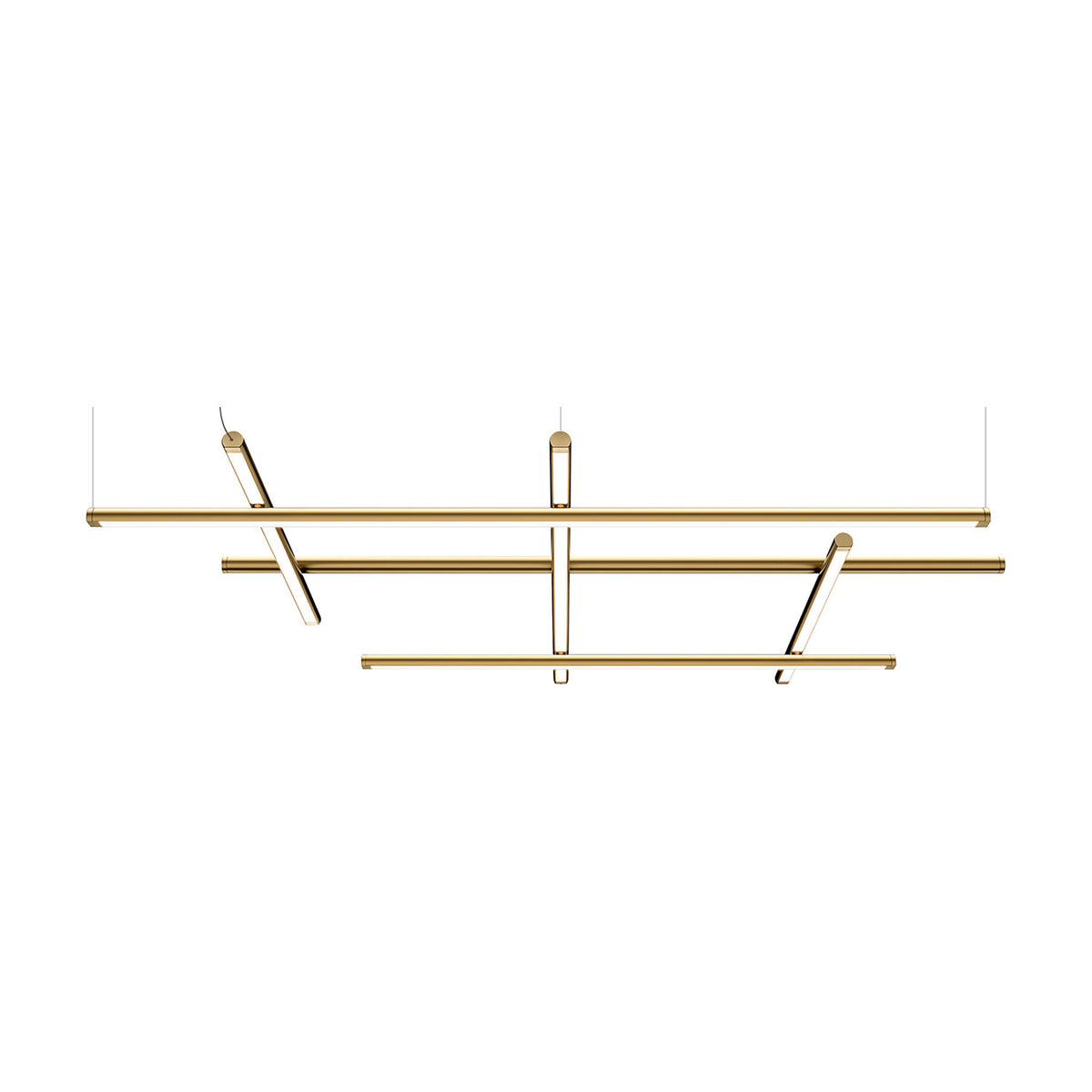 Hilow White Diffuser Frame LED Pendant Light featuring three horizontal brass-finish bars crossed by three angled linear diffuser bars, suspended on thin cables against a plain white background.