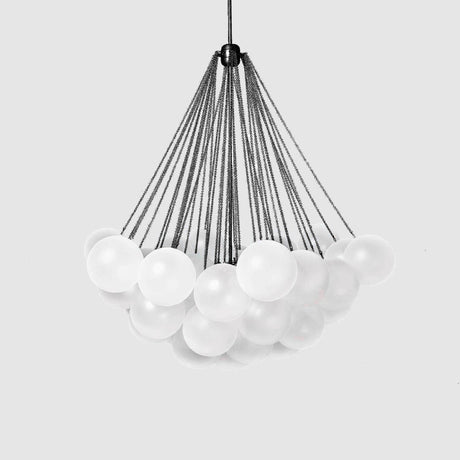 The Orb 17 Light Cluster Suspension - Black showcases frosted white glass spheres suspended by black cables from a central black frame, set against a plain light gray background.