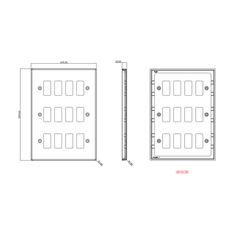 Technical line drawing of a 12 gang square edge grid switch plate in antique brass, showing front, side, and rear views with twelve openings in three rows of four and dimensions labelled.