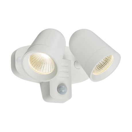 Introducing the Outdoor 18W LED White Twin Spot Floodlight With PIR, featuring dual heads and a motion sensor. The cylindrical lights are elegantly mounted on a curved base, perfect for outdoor use and boasting an IP65 weather resistance rating.