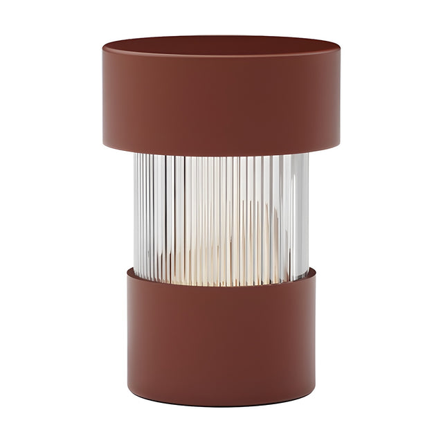 Balise LED rechargeable table lamp with ribbed glass cylinder between terracotta iron top and base, cordless lantern design on a plain white background.