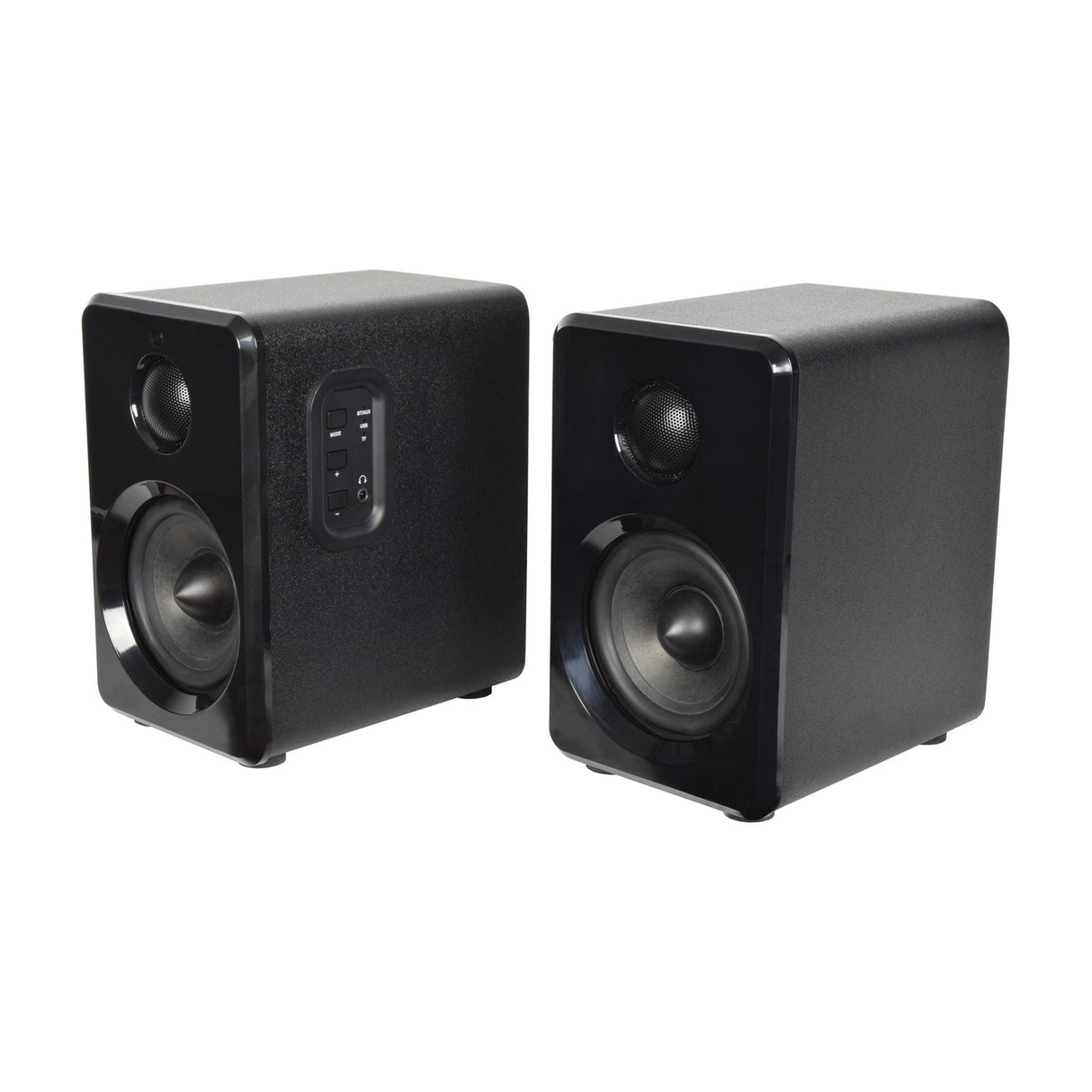 AV:Link ABS35BLK active Bluetooth bookshelf speaker pair in matt black, showing side control panel with mode and volume buttons, on a white background.
