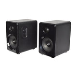 AV:Link ABS35BLK active Bluetooth bookshelf speaker pair in matt black, showing side control panel with mode and volume buttons, on a white background.