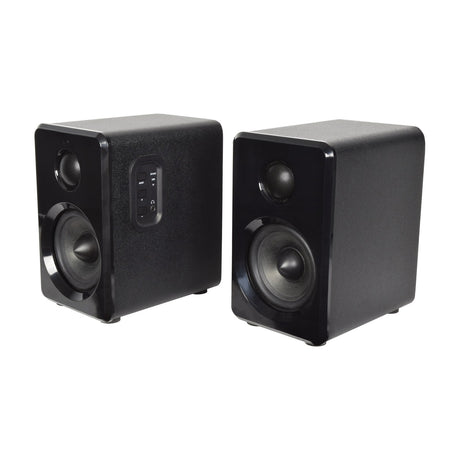 AV:Link ABS35BLK active Bluetooth bookshelf speaker pair in matt black, showing side control panel with mode and volume buttons, on a white background.