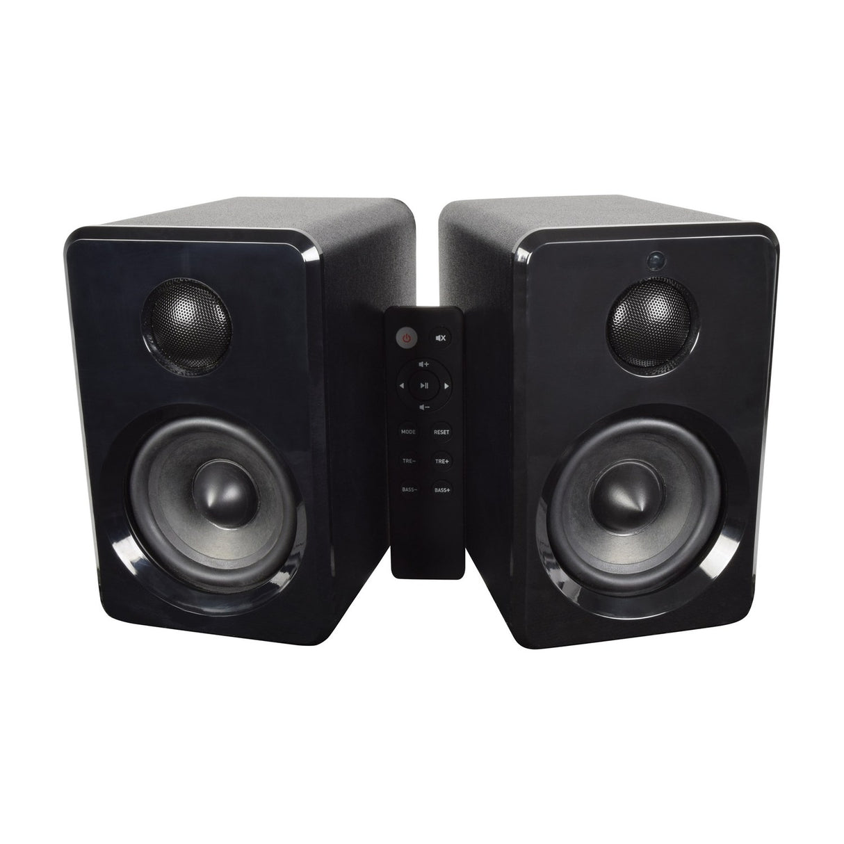 AV:Link ABS35BLK active Bluetooth bookshelf speaker pair in matt black with woofers, dome tweeters and included remote control on a white background.