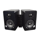 AV:Link ABS35BLK active Bluetooth bookshelf speaker pair in matt black with woofers, dome tweeters and included remote control on a white background.