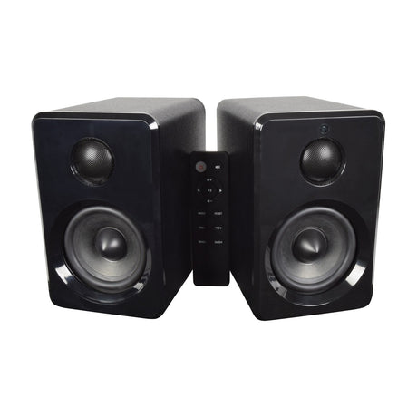 AV:Link ABS35BLK active Bluetooth bookshelf speaker pair in matt black with woofers, dome tweeters and included remote control on a white background.