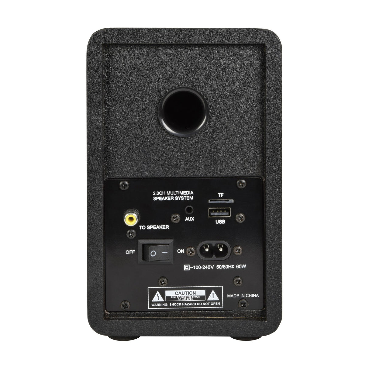 Rear view of AV:Link ABS35BLK active bookshelf speaker in matt black, showing bass port, AUX, USB, TF slot, speaker output, power switch and C7 inlet.