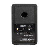 Rear view of AV:Link ABS35BLK active bookshelf speaker in matt black, showing bass port, AUX, USB, TF slot, speaker output, power switch and C7 inlet.