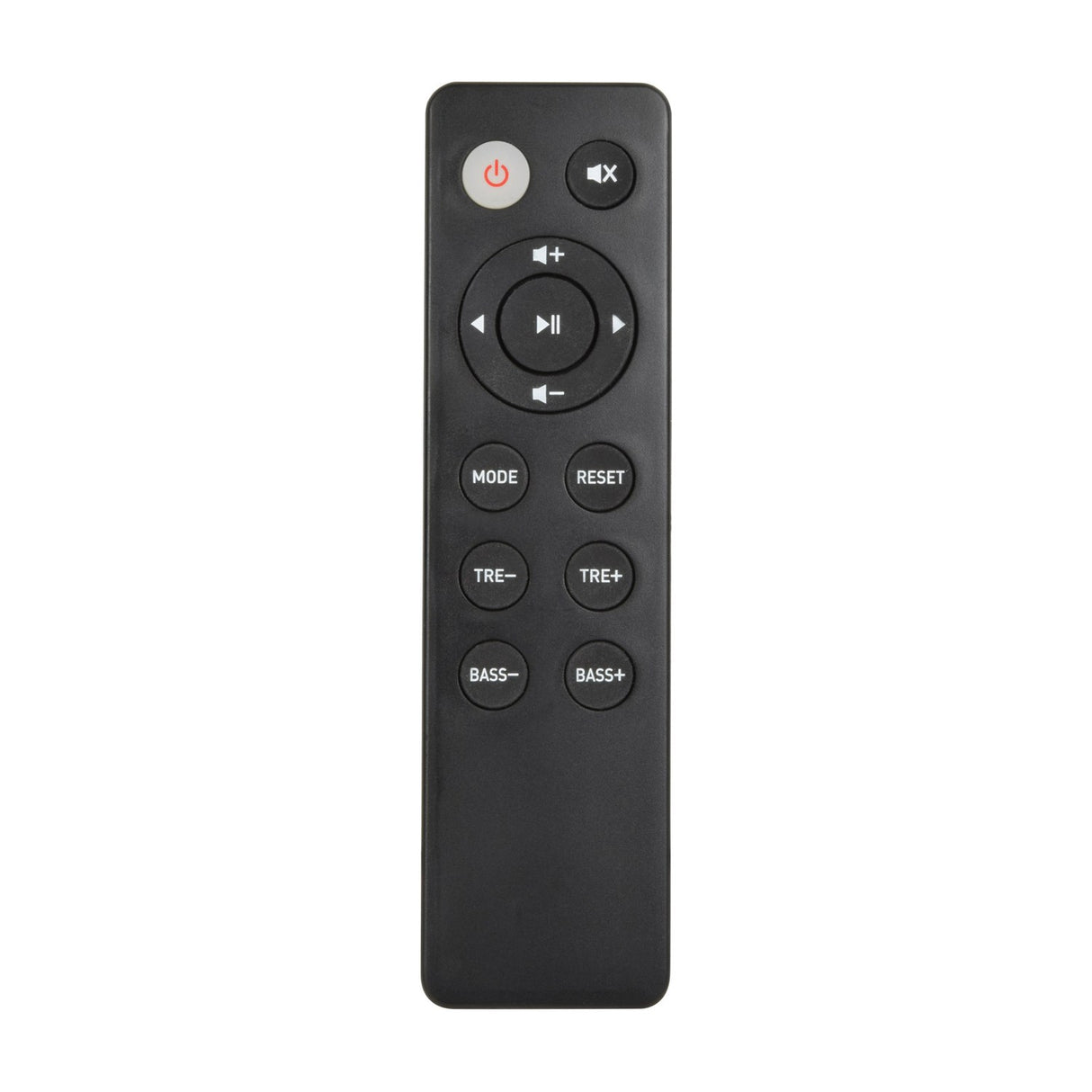 AV:Link ABS35BLK matt black remote control with power, mute, volume ring, playback, mode, reset, treble and bass buttons on a white background.