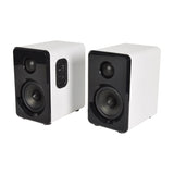 AV:Link ABS35WHT active Bluetooth bookshelf speakers in satin white with black front panels, woofer, tweeter and side control buttons, on a white background.