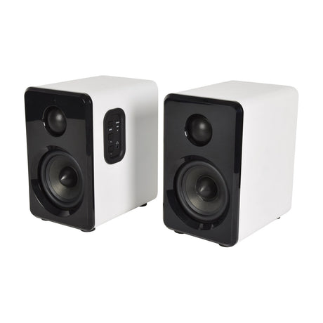 AV:Link ABS35WHT active Bluetooth bookshelf speakers in satin white with black front panels, woofer, tweeter and side control buttons, on a white background.