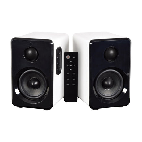 AV:Link ABS35WHT active Bluetooth bookshelf speakers in satin white with black front panels, side control buttons and supplied remote, on a plain background.