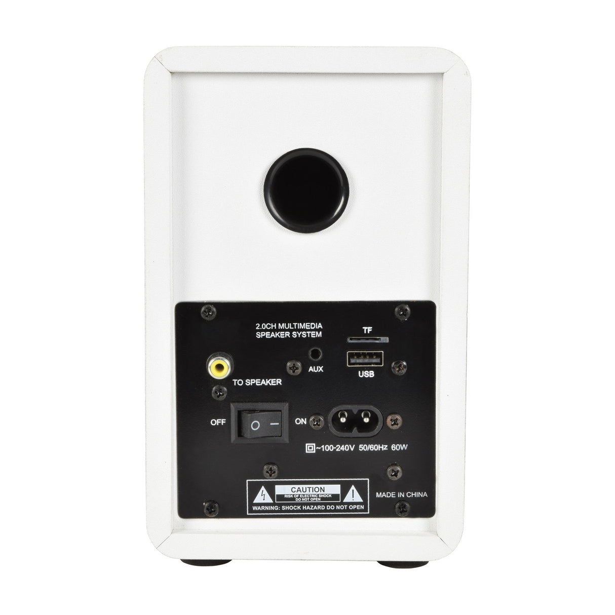 Rear view of AV:Link ABS35WHT active bookshelf speaker in satin white with bass port, AUX, USB, TF slot, speaker output, power switch and C7 inlet.