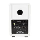 Rear view of AV:Link ABS35WHT active bookshelf speaker in satin white with bass port, AUX, USB, TF slot, speaker output, power switch and C7 inlet.