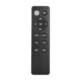 AV:Link ABS35WHT matt black remote control with power, mute, playback, volume, mode, reset, treble and bass buttons on a plain background.