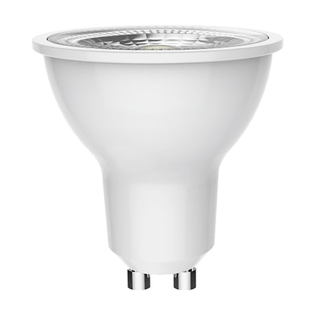Focus GU10 5W LED spot bulb with clear front lens and white polycarbonate body, GU10 fitting, 4000K neutral white, shown against a plain white background.