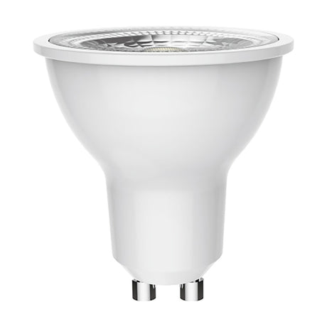 Focus GU10 5W Dimmable LED spot bulb with clear front face, white body and GU10 pin base, shown upright on a plain white background.