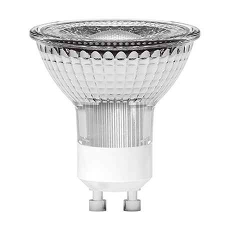 HaloLED GU10 4W LED bulb with clear glass body and polished chrome base, 50mm size, 3000K warm white, shown on a plain white background.