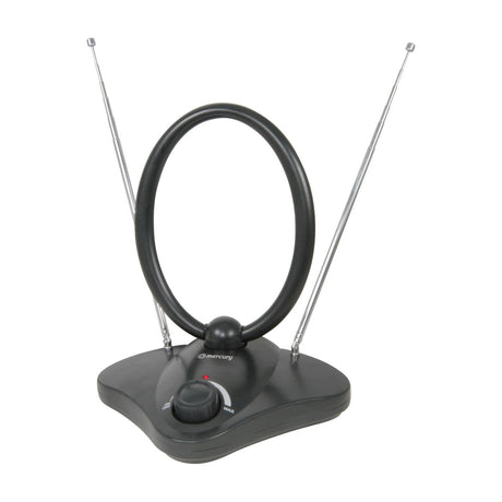 Mercury ST36B amplified indoor TV aerial in black with adjustable UHF loop, two telescopic VHF antennas, and gain control knob on a plain background.