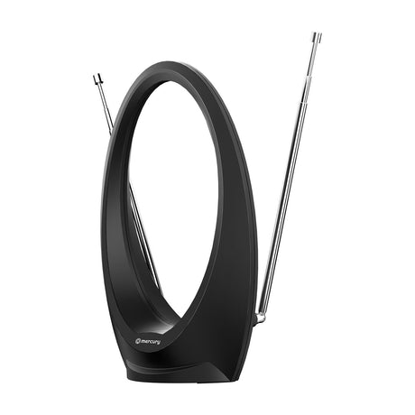 Mercury ST36P black loop indoor HDTV aerial with DAB, featuring two extendable telescopic antennas, shown on a plain white background.