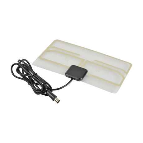 Mercury ST25P slim transparent indoor TV aerial with gold circuit pattern, black connector module and coiled coaxial lead on white background.