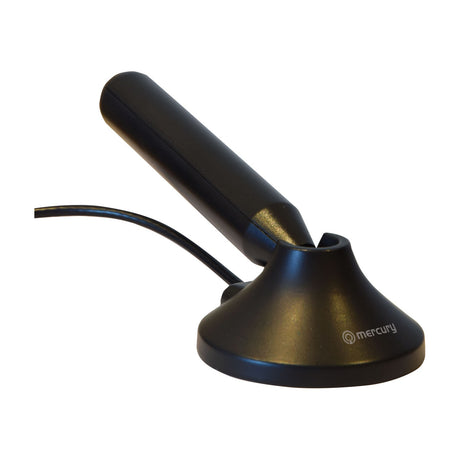 Mercury ST04P portable UHF mast TV aerial in matte black with cylindrical antenna, magnetic conical base and attached coaxial cable on a white background.