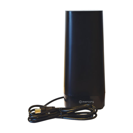 Mercury ST07P Omni-Directional Indoor TV Aerial in matte black with tall cylindrical casing and attached 1.5m coaxial lead on a white background.