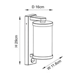Dimensioned line drawing of the Endon Castbury outdoor wall light showing 29cm height, 11.8cm width and 16cm projection on a white background.
