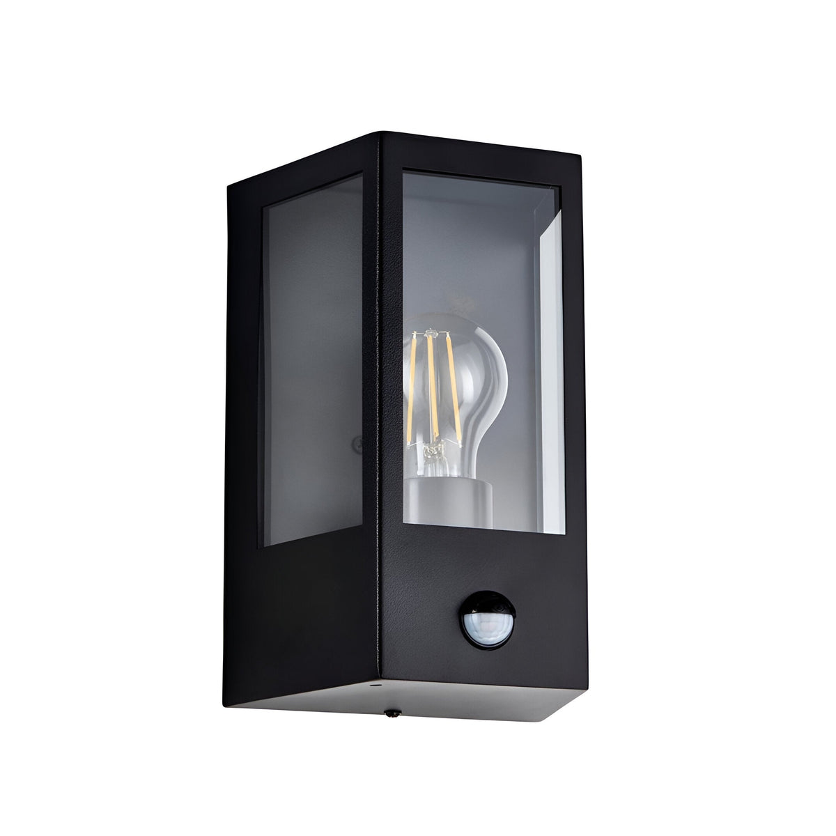 Brenshaw Outdoor Wall Light in matt black with a cubed metal frame, clear glass panels, PIR motion sensor, and E27 bulb, shown on a plain white background.