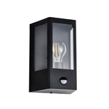 Brenshaw Outdoor Wall Light in matt black with a cubed metal frame, clear glass panels, PIR motion sensor, and E27 bulb, shown on a plain white background.