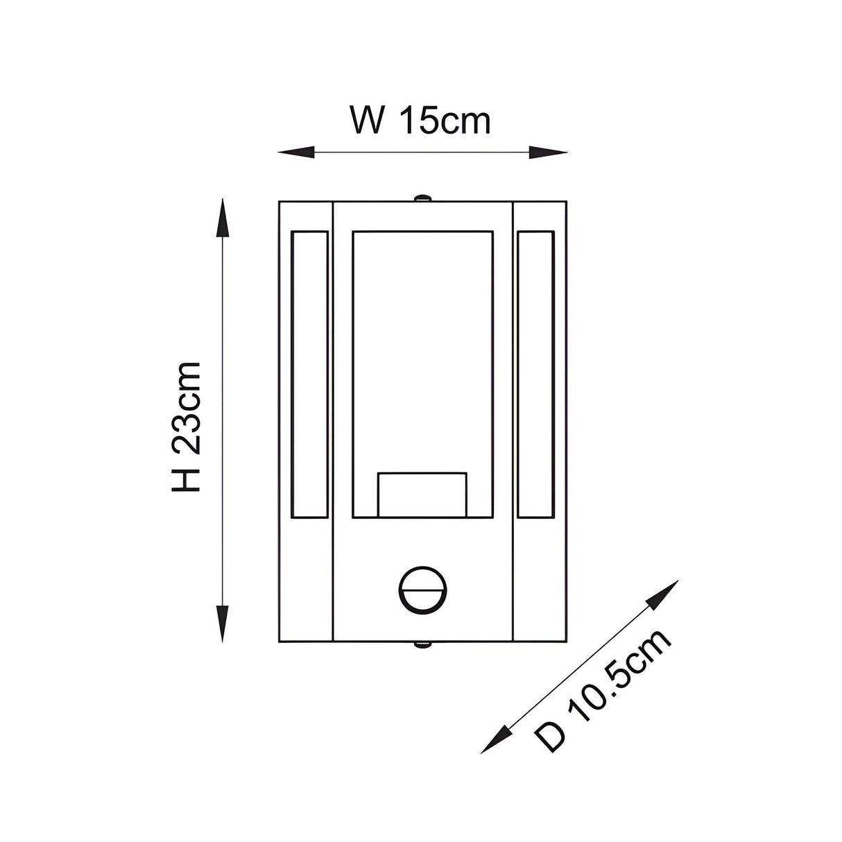 Line drawing of the Brenshaw Outdoor Wall Light in black showing a cubed frame with clear glass side panels, PIR sensor, and dimensions W15cm, H23cm, D10.5cm.