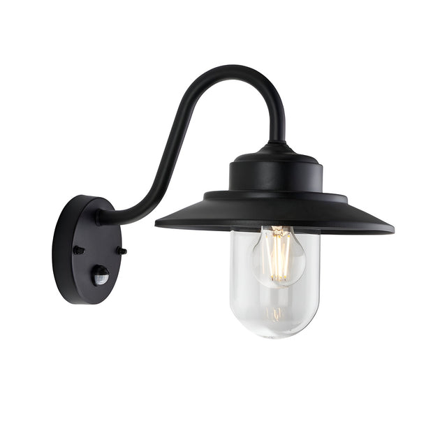 Endon Cranhurst traditional outdoor wall light in matt black with curved arm, wide-brimmed shade, clear glass dome, E27 bulb and integrated PIR sensor.