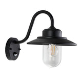 Endon Cranhurst traditional outdoor wall light in matt black with curved arm, wide-brimmed shade, clear glass dome, E27 bulb and PIR sensor.