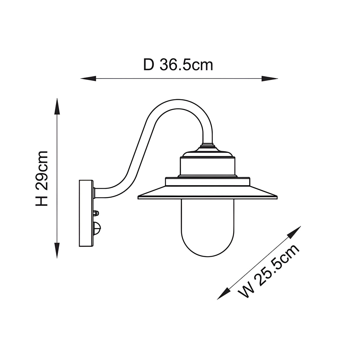 Dimension diagram of the Endon Cranhurst outdoor wall light in black, showing 29cm height, 25.5cm width and 36.5cm projection.