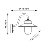 Dimension diagram of the Endon Cranhurst outdoor wall light in black, showing 29cm height, 25.5cm width and 36.5cm projection.