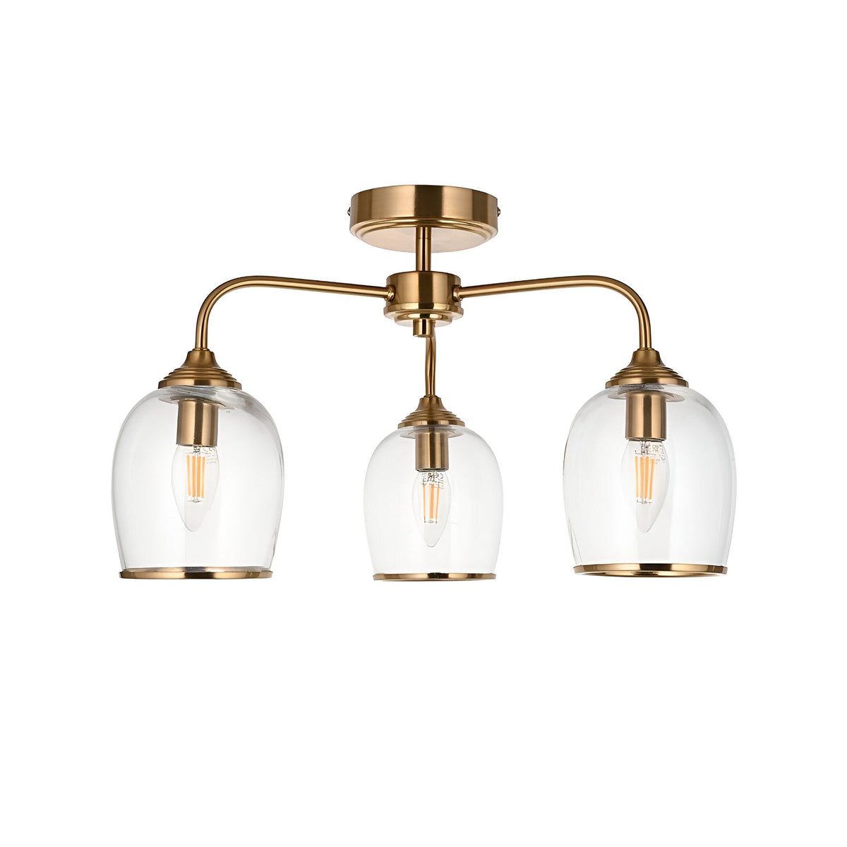 Halstead 3-Light Semi-Flush Ceiling Light in aged brass with three curved arms holding clear glass shades on a slim frame.