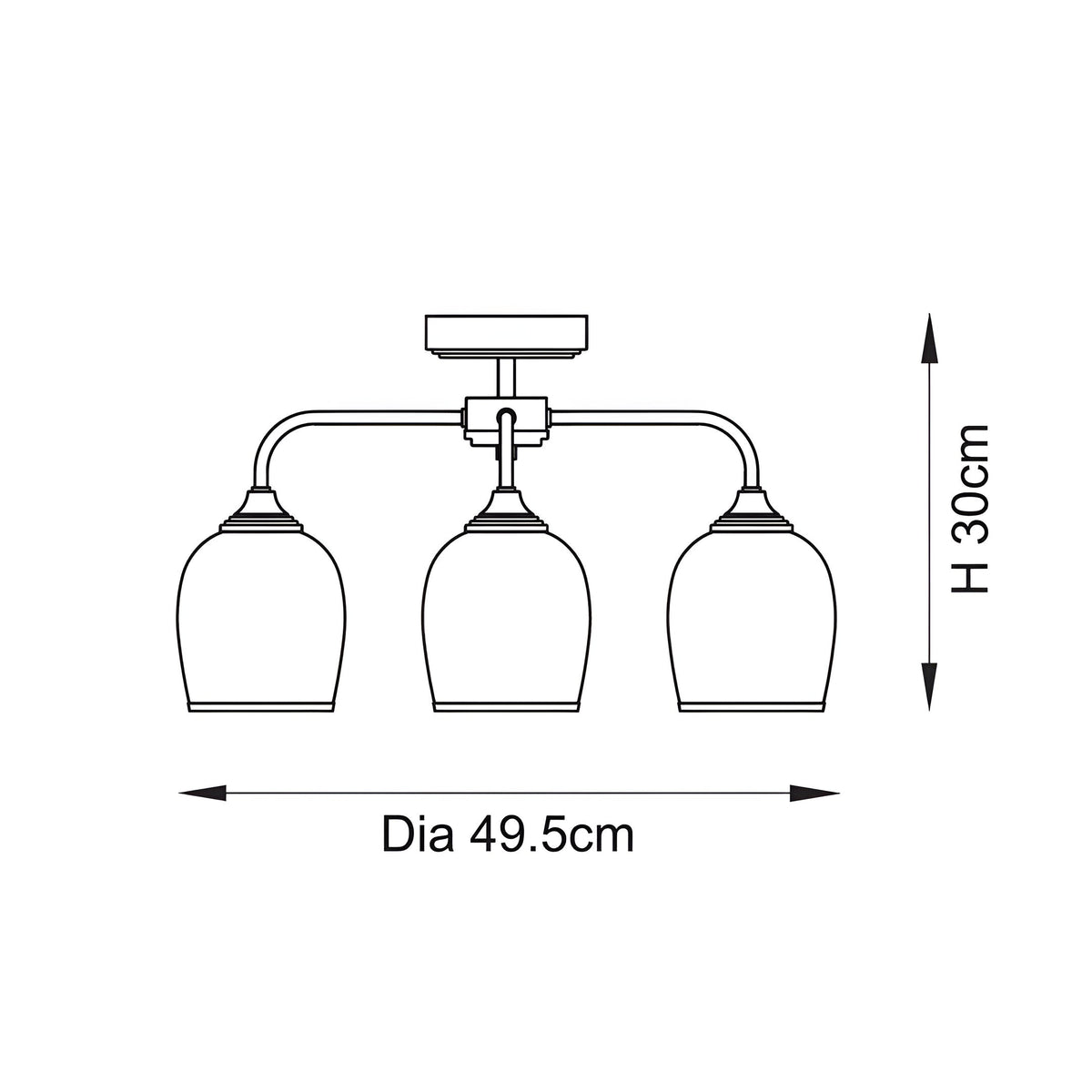 Line drawing of the Halstead 3 Light Semi-Flush Ceiling Light in aged brass, showing three arms with glass shades, 49.5cm diameter and 30cm height.