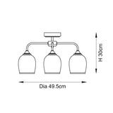 Line drawing of the Halstead 3 Light Semi-Flush Ceiling Light in aged brass, showing three arms with glass shades, 49.5cm diameter and 30cm height.