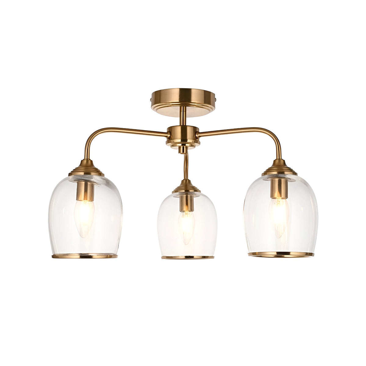Halstead 3 Light Semi-Flush Ceiling Light in aged brass with three curved arms holding clear glass shades, shown on a plain white background.